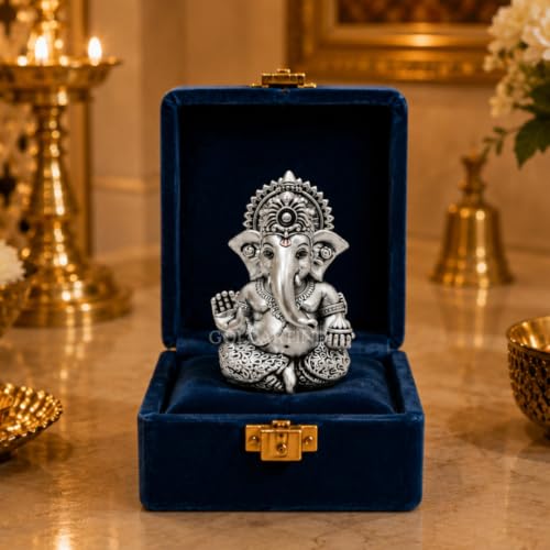 Image of Gold Art India Ganesh Idol 999 Silver Plated Antique Matte | 3 x 2 Inch Ganesha Murti with Peacock Blue Velvet Gift Box | Home Temple, Office Desk & Spiritual Gift