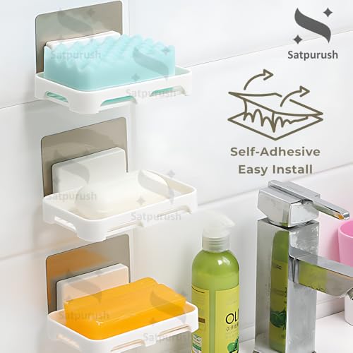 Image of Satpurush Self-Adhesive Soap Holder for Bathroom (Pack of 2) Wall Mounted No-Drill Soap Stand with Water Drainage | Strong Sticker Plastic Soap Dish for Wash Basin & Kitchen (White)