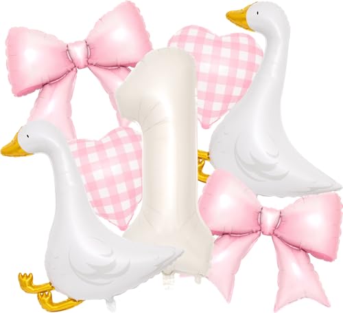 Kriyokiaa Silly Goose 1st Birthday Party Decorations - 7 Pcs Goose Balloons & Pink Bow Set - 40 Number Balloon Pink Heart Bow Balloons for Baby Girls First Birthday Party