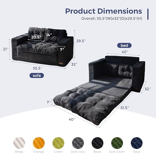 MAXYOYO Convertible Sofa Bed, Pull Out Loveseat Sleeper Sofa, 2 in 1 Folding Couch Bed, Fold Out Floor Couch with Pillows for Living Room Bedroom Lounge, Black