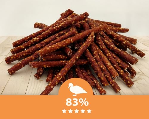 MERSJO Hundeleckerli - 83% Hoher Fleischanteil, Keine Zusatzstoffe, Getreide- und Zuckerfrei, Leckereien für Hunde zur täglichen Ergänzung, Natürliche Kauhilfe, Ente und Reis Kabanos, 500g