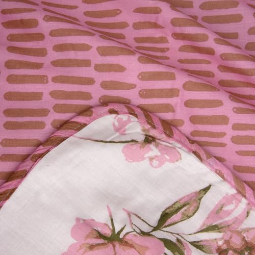 Image of HUESLAND 100% Cotton Reversible Dohar Toddler Size | Soft Cambric Weave, All Weather Light Comforter AC Quilt | Infants-New Born Blanket | 41 x 55 inches, Blushing Blooms - White, Pink & Green