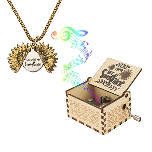 Music Box You are My Sunshine with Sunflower Necklace, Wooden Hand Cranked Musical Box and Engraved Message Locket Pendant Sunflower Gifts for Wife, Daughter, Girlfriend, Mother，Christmas Present，Birthday