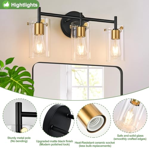Image of Indoi Bathroom Light Fixtures, 3-Light Black and Gold Vanity Light, Black Bathroom Lights Over Mirror with Clear Glass Shade for Mirror Bedroom Living Room (Pack of 2)