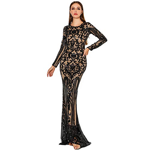 Lin Lin Q Sexy O Neck Long Sleeve Retro Sequin Maxi Gorgeous Dress Black S