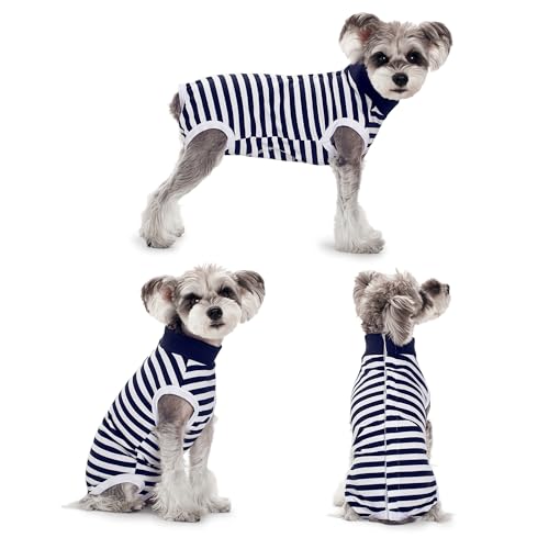 PawSailor Gestreifter OP-Body Hunde Hündin Rüde Kastration Hundebody Nach Op Weiche Baumwolle OP-Weste Hunde Medizinisches Hemd Anti-Lecken Knopfverschluss Wundschutz Kegel-Alternativen, Marineblau S