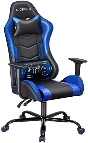 HOMHUM Therapeutic massage Gaming Chair Video Racing Chair PC Excessive Again Desk Pc Chair PU Leather-based Recliner w/Headrest and Lumbar Pillow, Blue