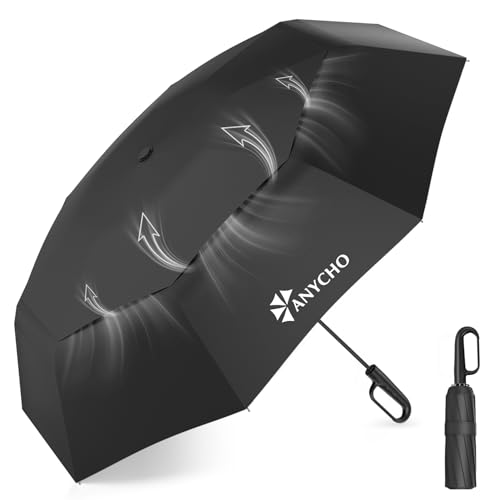 Image of ANYCHO 54 Inch Umbrella for Rain Big Size, Double Layer Vented Sun Umbrella with Carabiner Handle & 8 Double Ribs, Windproof Waterproof Auto Open Umbrella for Men Women