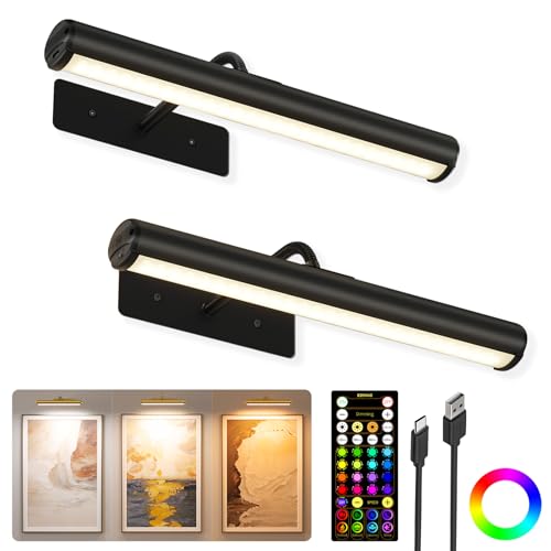 Image of EZVALO 13 Inch Wireless Picture Lights, 4000mAh Rechargeable Battery RGB Colors Lights with Remote, Dimmable 3 Color Temps LED Painting Lights for Living Room, Bedroom (Black, 2Pack)