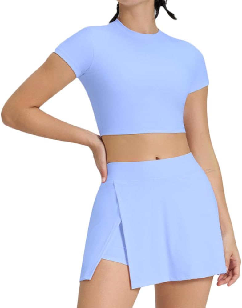 Women's Tennis Skirt Set - Sweetheart Crop Top with Hollow Back & Slit Skirt - Stylish f Wear