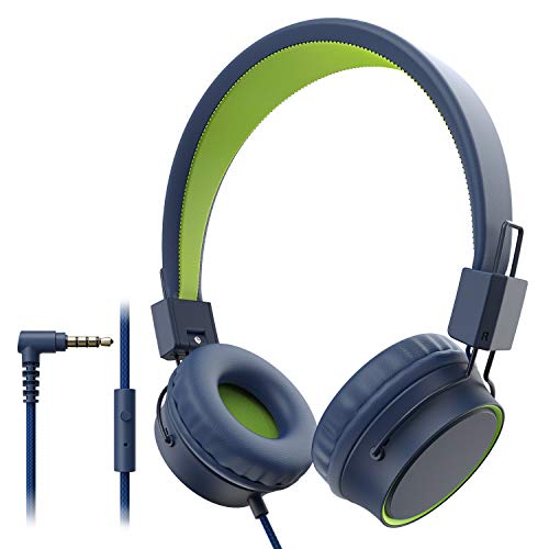 Elepinter Kids Headphones with 85dB Volume Limited Hearing Protection with Mic, Tangle-Free Cord, Wired On-Ear Headphone for Children Toddler Teens Blue/Green
