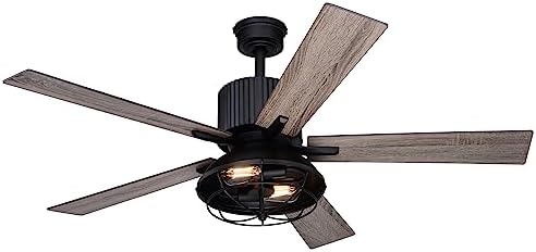 VAXCEL Elkhart 52 in. Black Indoor Rod Mount Industrial Ceiling Fan with Reversible Driftwood-Walnut Blades, Dimmable LED Light Kit and Remote Control Included, 3 Speeds, Metal Cage Shade