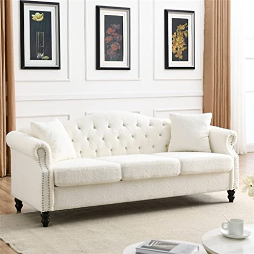 Ytyzc 79" Sofa White For Living Room, 3 Seater Sofa Tufted Couch With Rolled Arms And Nailhead Two Pillows #TOP3