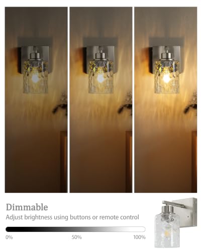 Image of Hammered Glass Wireless Battery Operated Wall Sconces Set of Two Nickel | Dimmable Rechargeable Wall Lights with Remote Timer, Easy Install Lamp for Living Room Bedroom, Emergency 3000K