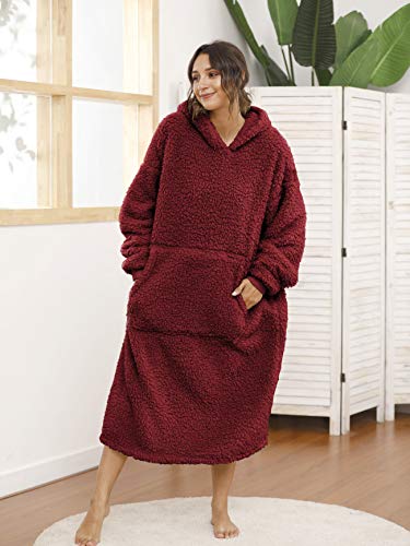ililmmoe Sherpa tragbare Decke, Übergröße, Kapuzenpullover, Sweatshirt, TV-Decke mit Langen Ärmeln und Tasche, Weinrot One Size – Ansicht 3