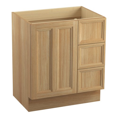 KOHLER K-99517-TKR-1WF Damask 30-Inch Vanity with Toe Kick, 1 Door and 3 Drawers on Right, Khaki White Oak