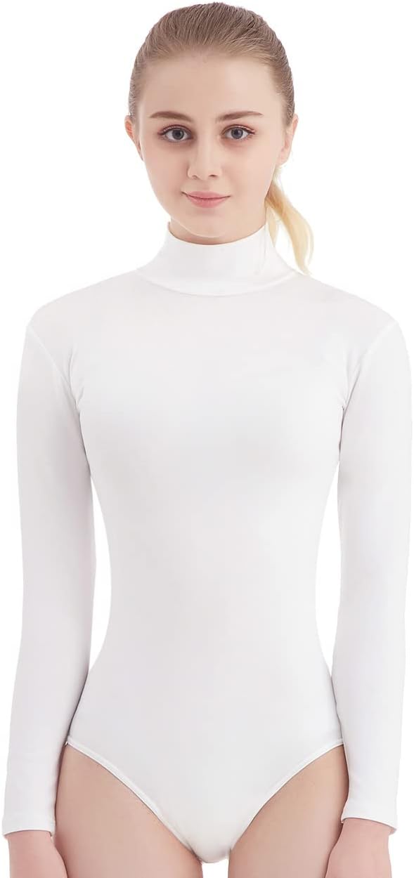 Turtleneck Leotard Long Sleeves Spandex Dance Workout Fitness Bodysuit for Women