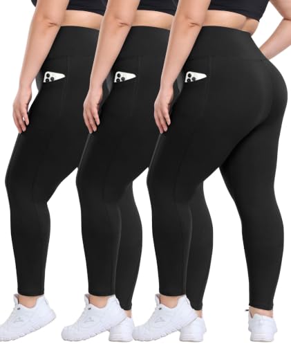 Syrinx 3 Pack Plus Size Leggings with Pockets for Women - High Waisted Tummy Control Spandex Soft...