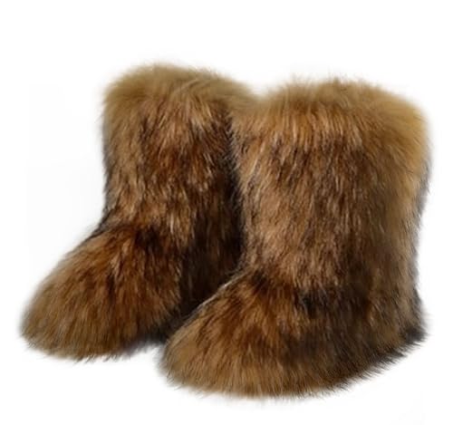Ulalaza Women's Boots Fluffy Fuzzy Furry Snow Boots Winter Mid Calf Snow Shoes Suede Warm Fur Lined Booties Flat Casual Fashion