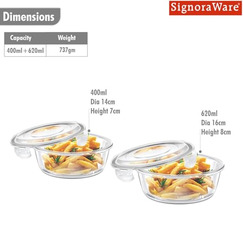 Image of Signoraware Safe Store Glass Round Containers | Airtight & Leakproof | Microwave Safe | Ideal for Reheating, Baking or Serving, Office Lunch & Outdoor Activities (400ml+620ml | Setof2 | Clear)