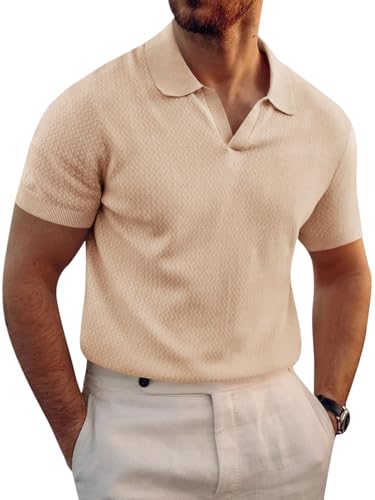 Runcati Mens Knitted Polo Shirt Muscle Short Sleeve V Neck Stretch Casual Slim Fit Vintage Ribbed Golf T-Shirt