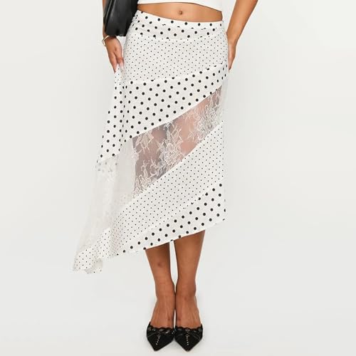 Women Y2K Midi Skirt Lace Patchwork Irregular Hem Long Skirt Summer Spring Floral Polka Dot Print Going Out Skirts4