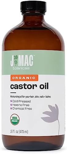 J MAC BOTANICALS Organic Castor Oil Cold Pressed (Glass Bottle, 16 oz), pure castor oil, hexane free, castor oil for face, skin, castor oil for eyelashes, cold pressed organic castor oil