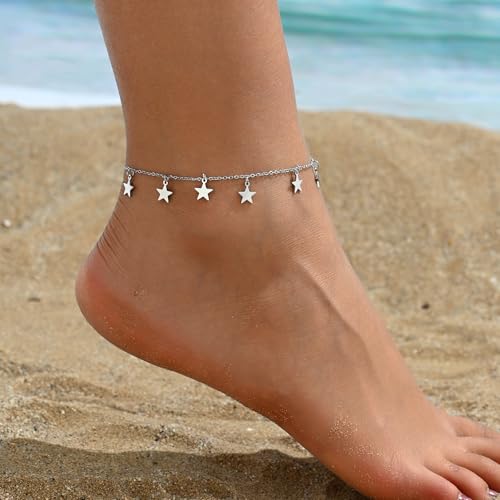 Image of 18K Gold Plated Anklets for Women Dainty Non Tarnish Ankle Bracelets Cuban Link Chain Anklets Layered Heart Beads Rhinestone Anklet Trendy Foot Jewelry