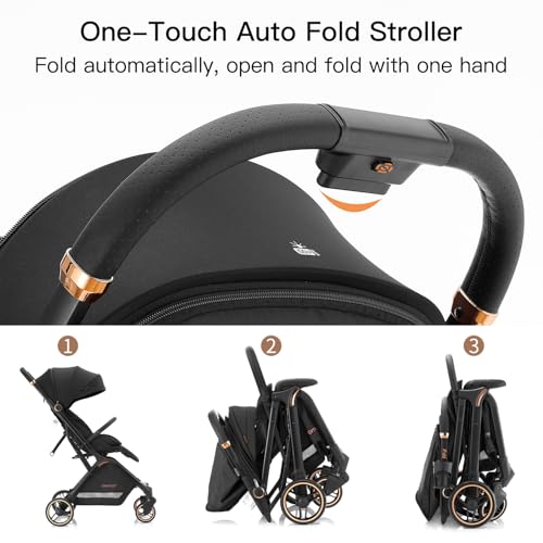 Gravity Folding Baby Stroller - Portable Travel Toddler Stroller w/Adjustable Backrest & Canopy, Lightweight and UV Protected, One-Hand Automatic Folding - Black - Image 3