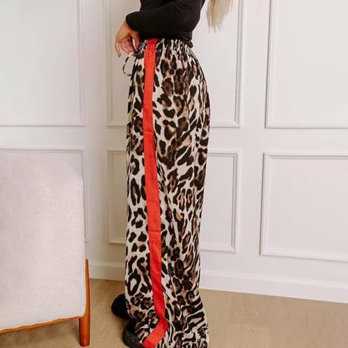 Women's Y2K Leopard Print Pants Elastic Waist Wide Leg Street Long Trousers with Pockets Casual Wide Leg Pants2