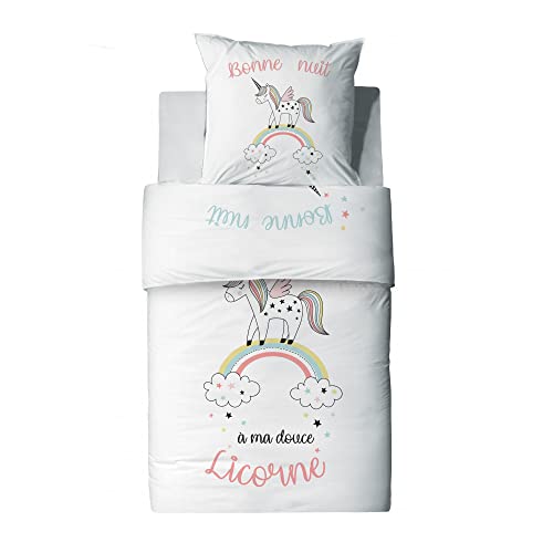 Les Ateliers du Linge - Parure Majesty pour lit Enfant - Housse de Couette 140x200 cm et 1 taie d'oreiller 63x63 cm - Motif imprimé Licorne Cover