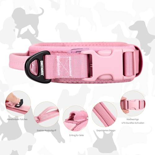 OneTigris Hundehalsband Kleine Hunde, Taktisches Hundehalsband mit Griff, Weich Gepolstert Breites mit Kunststoffschnalle und Ring aus Aluminiumlegierung, Rosa, S(30-40cm)