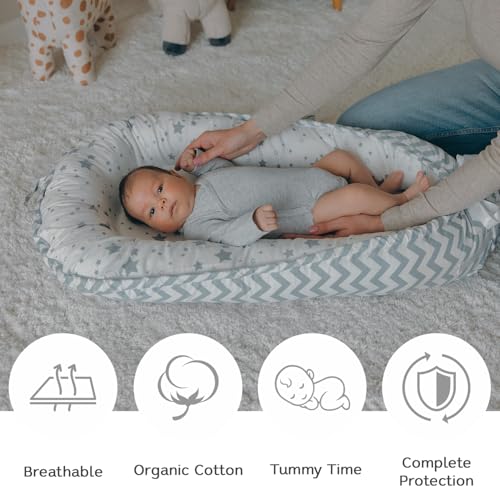 Image of Aila+Aiden Baby Lounger | Organic Cotton Infant Lounger | Reversible, Adjustable & Portable Floor Lounger |Supervised Use | Soft, Breathable, Washable Cover - Star Collection (Gray)