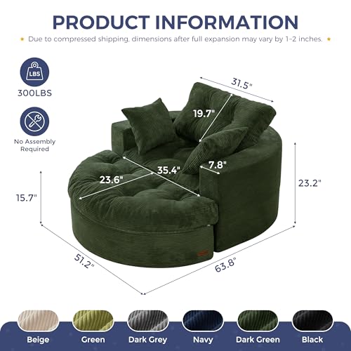 Image of MAXYOYO Oversized Round Chaise Lounge Sofa, Upholstered Lounge Chair with 3 Pillows, Boneless Sofa Couch with Ottoman, Deep Seat Chair for Living Room, Bedroom, No Assembly, Dark Green