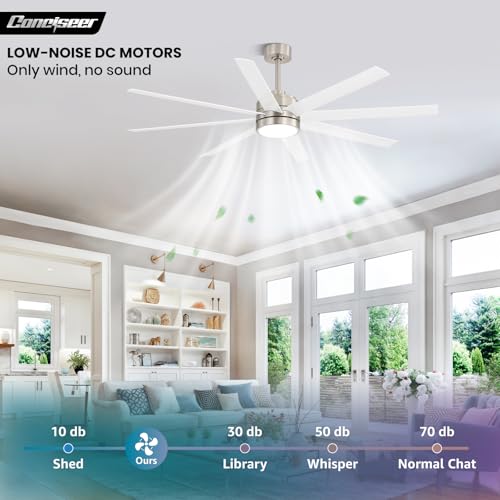 Image of Conciseer 65 Inch Ceiling Fans with Lights and Remote for Bedroom Living Room Kitchen Office, Indoor /Outdoor Use, 3CCT Dimmable, 8 Blades 6 Speed Reversible Quiet DC Motor, Sand-nickel /White
