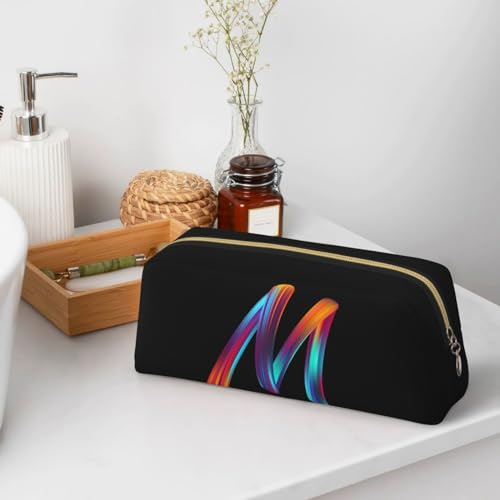 Image of Cute Initial Pencil Case for Kids Simple Leather Pencil Pouch for Boys Girls Letter Design Pencil Box Pen Bag Pencil Pouch Office Stationery Organizer, Rainbow Letter M