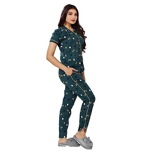 Image of Foxy Night Dresses for Women Cotton Night Wear Loungewear Printed Button-Closure Collar Shirt and Pyjama Set Comfortable Sleepwear Two Piece Night Suit Casual Wear