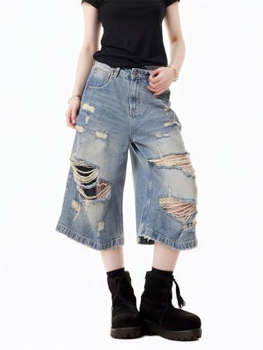 Grunge Ripped Jeans Jorts Oversized Acid Washed Jeans Vintage Cropped Pants Baggy Summer Streetwear Unisex4