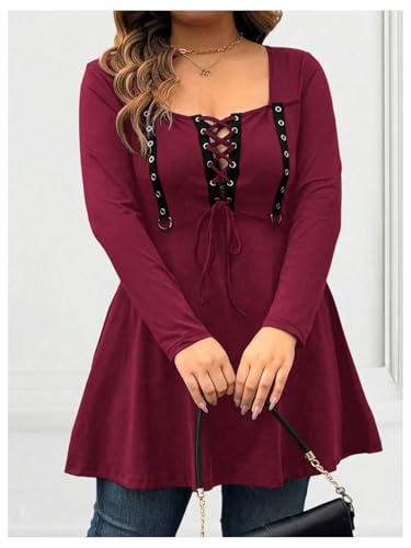 Image of SOLY HUX Women's Plus Size Peplum Tops Lace Up Square Neck Long Sleeve Ruffle Hem Tee Flowy Casual T Shirt