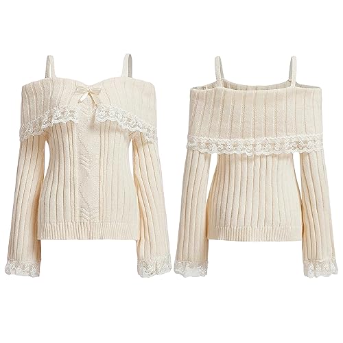 Image of Women Y2k Cold Shoulder Knit Sweater Top Long Sleeve Lace Trim Knitted Pullover Sweaters Bow Cardigan Streetwear