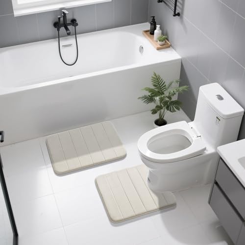 Image of Yimobra Memory Foam Bath Mat Set, 2 Piece Soft Bathroom Rugs,17x24 and 24x20.4 U-Shaped Bathroom Rug, Toilet Mat, Water Absorption, Non Slip, Thick, Dry Fast for Bathroom Floor Mat, Cream White