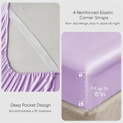 Image of MR&HM Satin Bed Sheets with Elastic Corner Straps, King Size Sheets Set, 4 Pcs Silky Bedding Set with 15 Inches Deep Pocket for Mattress (King, Lilac)