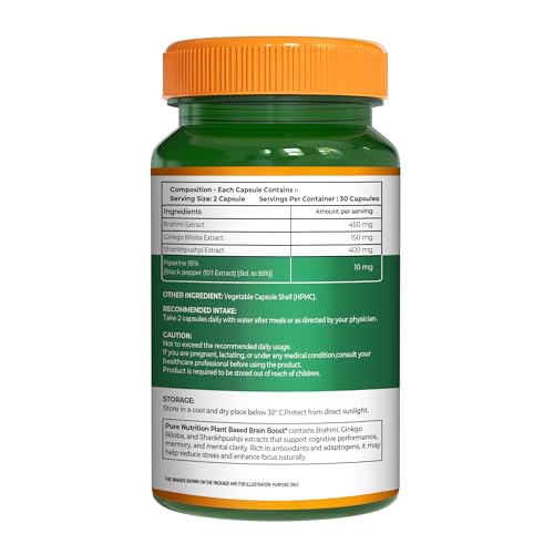 Image of Pure Nutrition Brain Supplements | Memory & Focus Plant Based Brain booster Capsules with Brahmi, Ginkgo Biloba & Shankhpushpi Extract | Supports Memory, Focus, Stress Relief & Cognitive Function - 60 Veg Capsules