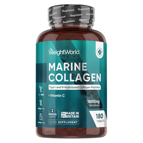 WeightWorld Marine Collagen - Type I & III Peptides with Vitamin C - Supports Normal Skin Bone & Cartilage - for Women & Men - Unflavoured - Gluten & Lactose-Free - 1 800 mg - 180 Tablets