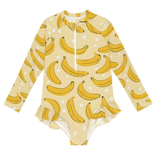 ALAZA Swimsuit for Girls Long Sleeve Rashguard Bathing Suit Yellow Bananas Dots Quick Dry 4T