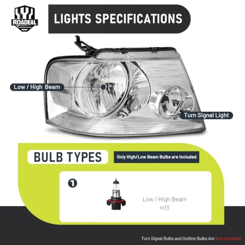 Image of Headlights for 2004-2008 Ford F150 /2006-2008 Lincoln Mark LT | Halogen Headlamp Replacement with High Low Beam Bulbs, Driver & Passenger Side