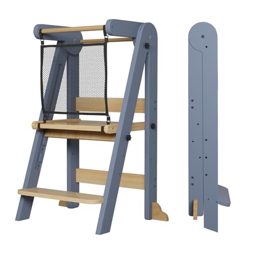 Image of ROOMTEC Foldable Toddler Kitchen Tower, 3 Adjustable Height Wooden Step Stool, Toddler Standing Tower with Safety Net (Gray)