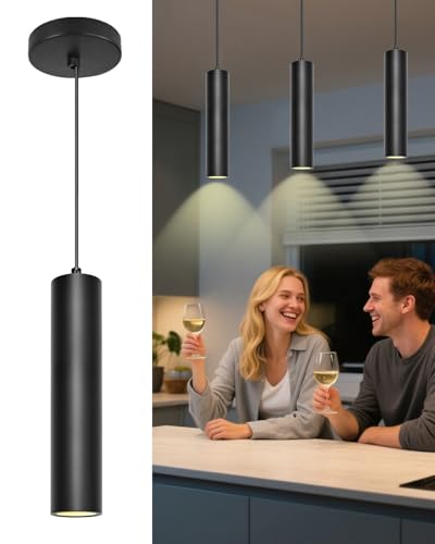 ACMHNC Pendelleuchte GU10 Schwarz, Zylinder Hängelampe für Küche Esstisch Schlafzimmer, 10W Hängeleuchte Höhenverstellbar, 3000/4000/6000K, 110~230V, 30x6 cm