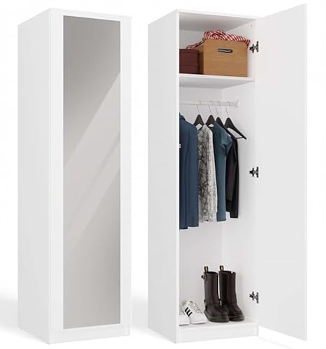 BDW Armadio con specchio, 50 x 50 x 180 cm, sistema Tip-ON, 4 ripiani, 1 asta, perfetto per corridoio, camera da letto o ufficio