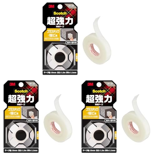 3M 両面テープ 超強力 プラスチック 塩ビ 用 幅12mm 長さ1.5m スコッチ KPL-12R 小巻 (× 3)